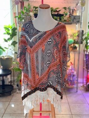 Entro Sz M Boho Printed Fringe Tunic Top - Orange & Black Fit